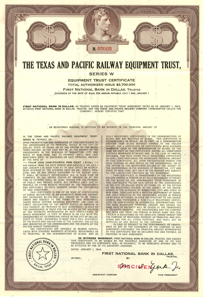 Texas and Pacific Railway Equipment Trust - 1964 dated Specimen Bond